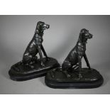 After A Cain, two brown bronze sculptures of seated bloodhounds, on oval slate bases, 24 cm h (2)