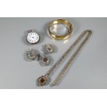 Three silver Victorian shield fobs, a silver-cased pocket watch, silver-gilt belcher chain and