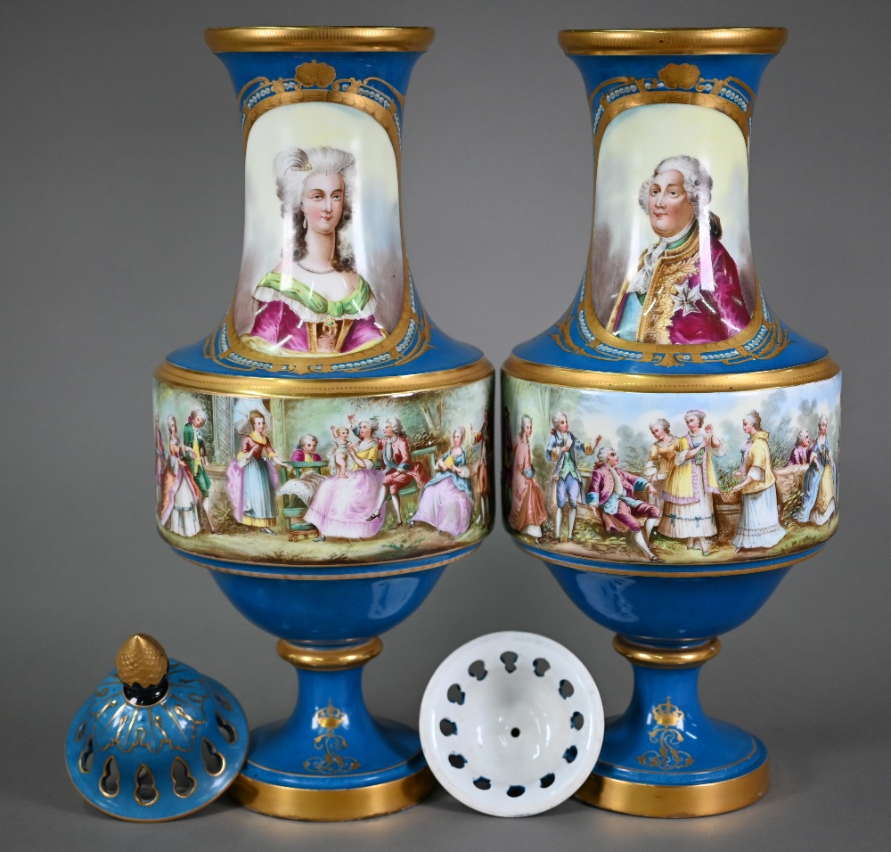 A large pair of late 19th century French porcelain baluster vases, the pierced dome covers with - Image 2 of 12
