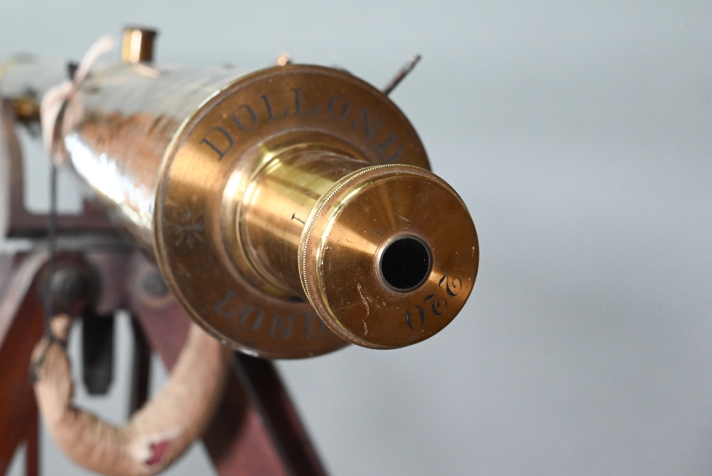 Dolland, London, a late 19th century brass tube telescope, raised on a folding wooden tripod stand - - Image 8 of 14