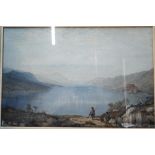 T M Richardson attrib - Scottish landscape with fisherman, watercolour, 36 x 54 cm