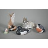 Five Royal Copenhagen animal figures - 1475 Fox, 2648 Deer, 1924 Duck, 2266 Robin and 2238 Small