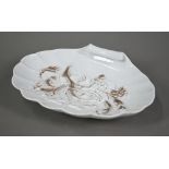 A Meissen porcelain shell serving-dish, moulded with gilt ribbons and flowers, 24 x 32 cm