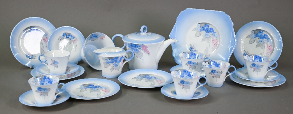 An Art Deco Shelley china tea service, printed and painted with the 'Phlox' pattern within blue - Image 3 of 5