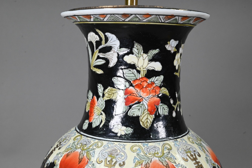 A late 19th or early 20th century Chinese famille noire style baluster vase (drilled and mounted - Image 5 of 6