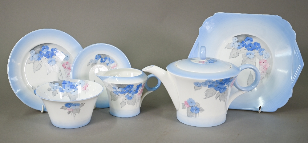 An Art Deco Shelley china tea service, printed and painted with the 'Phlox' pattern within blue - Image 4 of 5