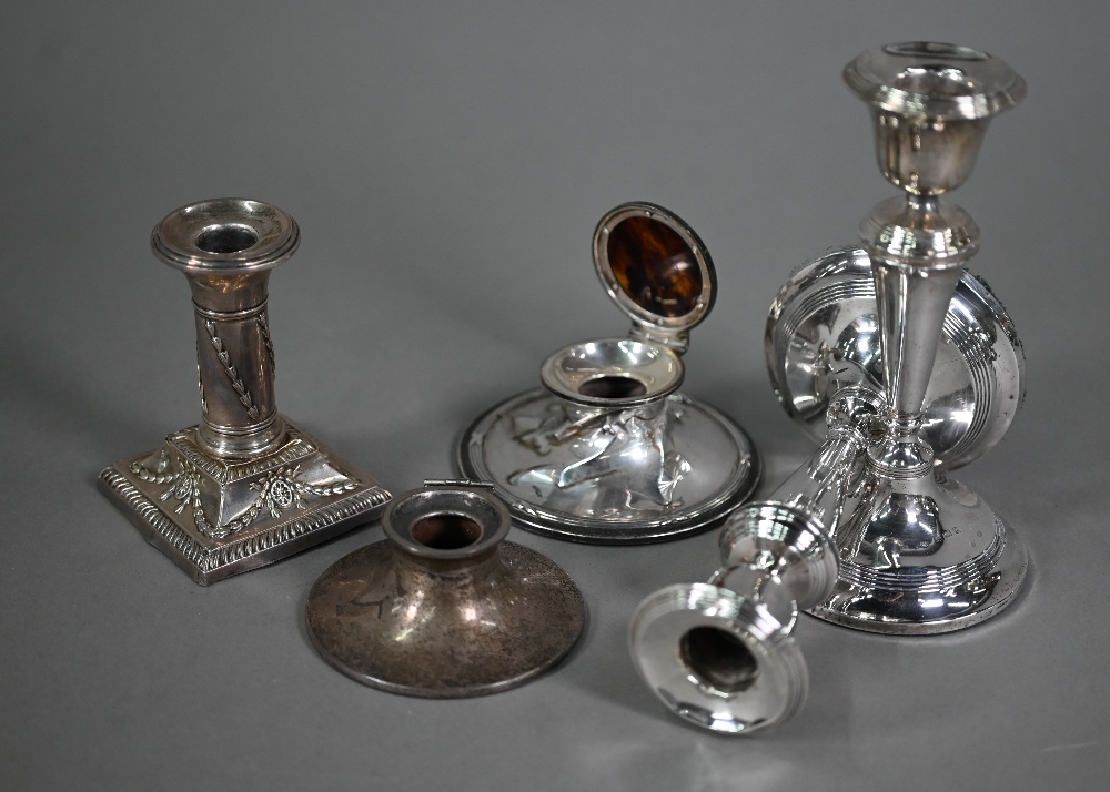 A quantity of loaded silver items including candlesticks, desk calendar, inkwells, photograph - Image 4 of 4