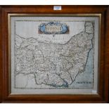 A 17th century county map engraving 'Suffolk' by Robert Morden, 36 x 42 cm, mounted in a glazed