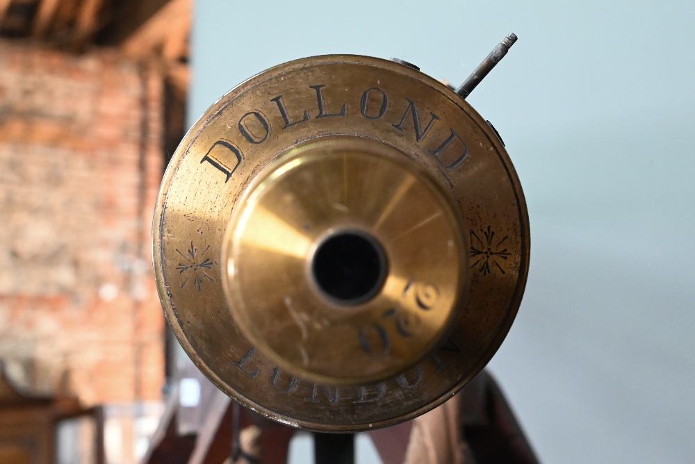 Dolland, London, a late 19th century brass tube telescope, raised on a folding wooden tripod stand - - Image 7 of 14