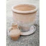 A large Cretan style terracotta planter t/with a circular tray base by Barbary Pots to/w a small