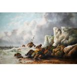 English school - Coastal view with craggy rocks, oil on canvas, 50 x 75 cm