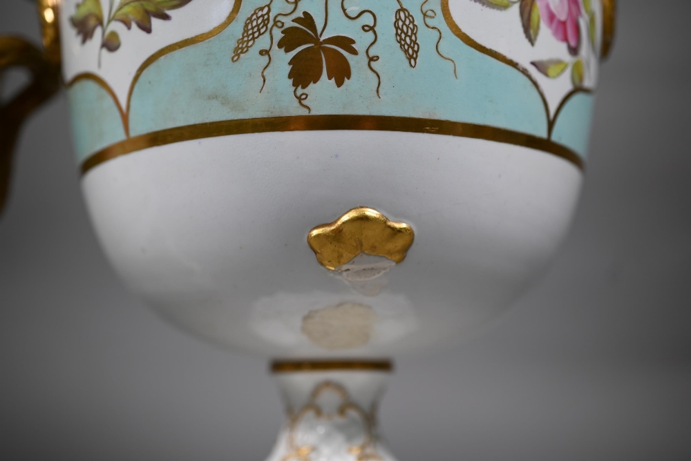 Two early 19th century turquoise-ground and gilt covered urns, the reserves painted with floral - Image 7 of 17