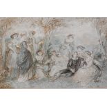 19th century English school - A summer party, brown ink and wash, 26 x 41 cm