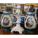 Two pottery vases with Art Nouveau rims and handles printed with 18th century courting couples, 36