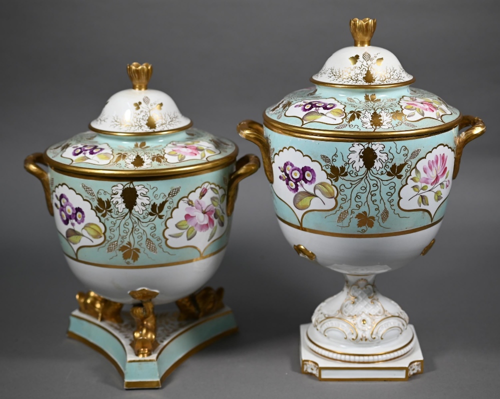 Two early 19th century turquoise-ground and gilt covered urns, the reserves painted with floral - Image 5 of 17