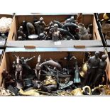 Two boxes of spelter and other figures, brassware, etc (2)