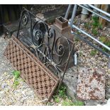 Two differing cast iron rainwater hoppers to/w a pair of cast iron grilles, a wrought iron panel and