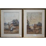 R Douglas - A pair of watercolours of country folk 'After the Toil of the day' and 'The First Born',
