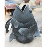 A cast weathered metal 'gawping fish' garden pond ornament