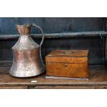 A Middle-Eastern large copper jug, to/w a Victorian walnut jewellery box (2)
