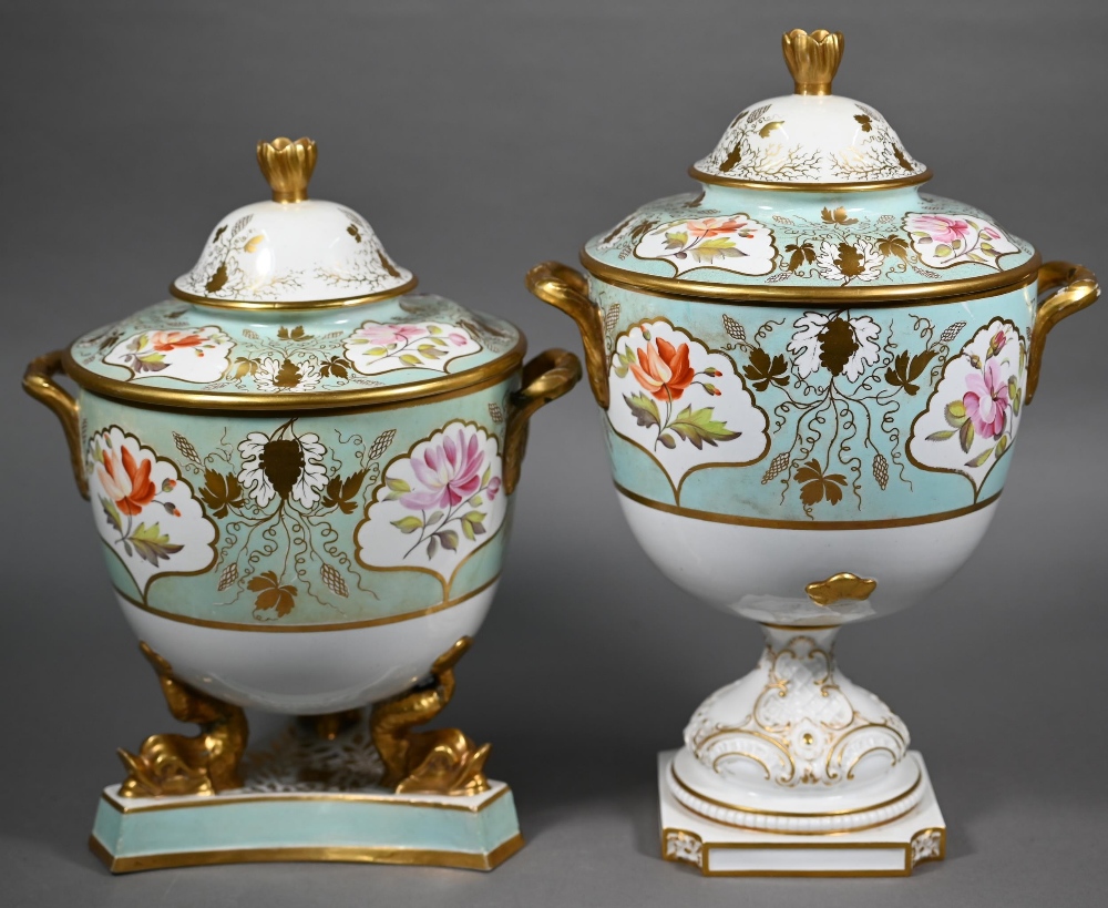 Two early 19th century turquoise-ground and gilt covered urns, the reserves painted with floral - Image 6 of 17