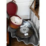 An aluminium clam-shell bowl, 53 cm wide, to/w an aneroid barometer in turned serpentine case and
