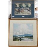 Three pictures - circa 1930s watercolour of horse and riders in a clearing, signed, 24 x 34 cm;