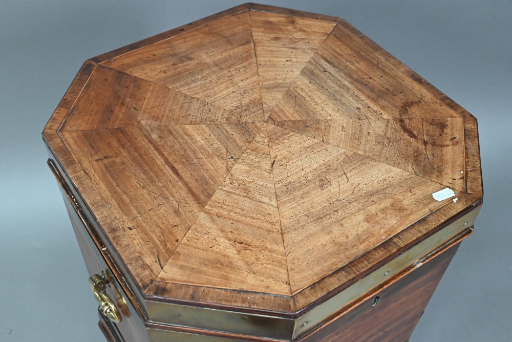 A George III brass bound mahogany wine cooler of octagonal form, with internal zinc liner, raised on - Image 3 of 6