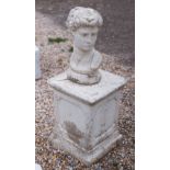 A cast stone Roman style bust on an associated square plinth - both patinated (2)