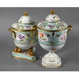Two early 19th century turquoise-ground and gilt covered urns, the reserves painted with floral