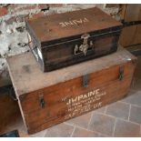 A vintage pine metal bound trunk inscribed 'JW Paine' followed by full address, 95 cm w x 47 cm d