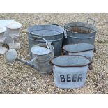 Two old galvanised beer carriers to/w three galvanised buckets and a watering can - all a/f (6)