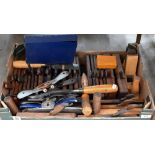 Box of assorted wooden hand tools including Record .044 plough plane, moulding planes etc