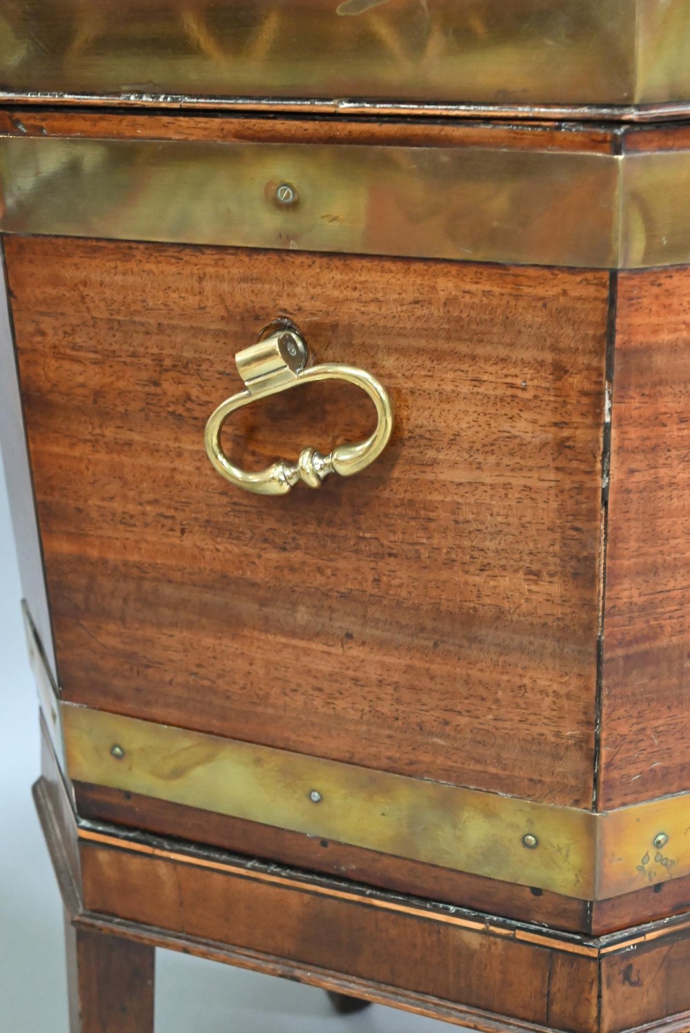 A George III brass bound mahogany wine cooler of octagonal form, with internal zinc liner, raised on - Image 4 of 6