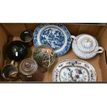 A 19th century Chinese blue and white china octagonal plate to/w an ironstone tureen stand,