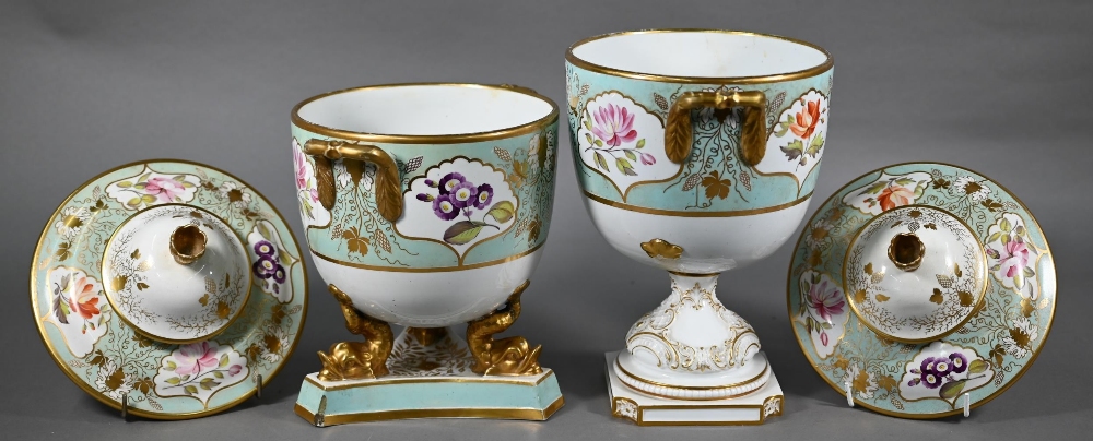 Two early 19th century turquoise-ground and gilt covered urns, the reserves painted with floral - Image 3 of 17