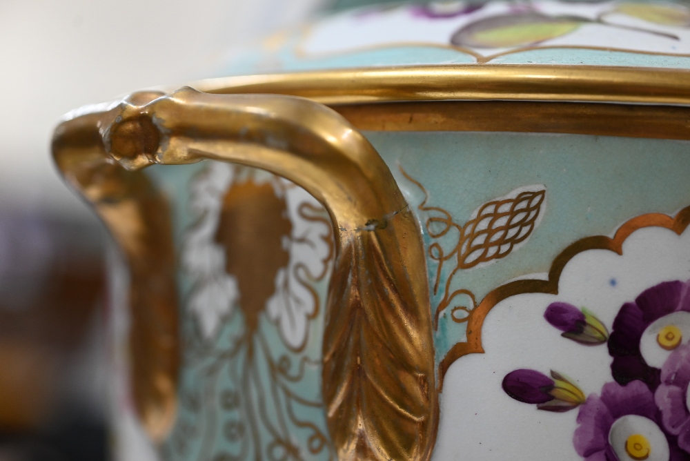 Two early 19th century turquoise-ground and gilt covered urns, the reserves painted with floral - Image 11 of 17