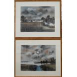 JP - Three chalk pastel landscape studies of marsh and river views, all signed with initials, 38 x