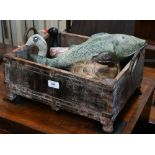 An antique Afghan hardwood box, a trio of wooden ducks and a verdigris patinated bronze fish (5)