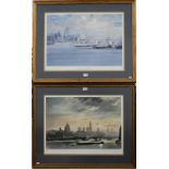 After Rowland Hilder - Two prints showing views of London from the Thames, one pencil signed, 47 x