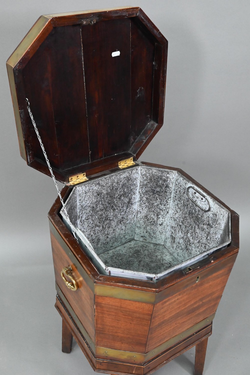 A George III brass bound mahogany wine cooler of octagonal form, with internal zinc liner, raised on - Image 5 of 6