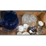 A large 'Bristol blue' globular glass water jug, 20 cm diam to/w two cut glass bowls, vine-etched