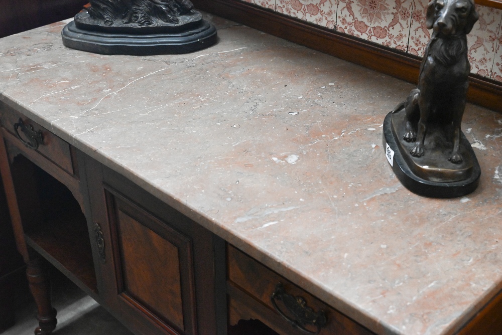 Edwardian walnut marble top washstand with tiled and mirrored raised back, 102 cm wide x 54 cm - Image 3 of 6