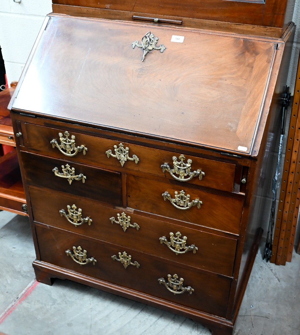 A Georgian mahogany fall front bureau with five drawers and associated glazed bookcase top - Image 2 of 7