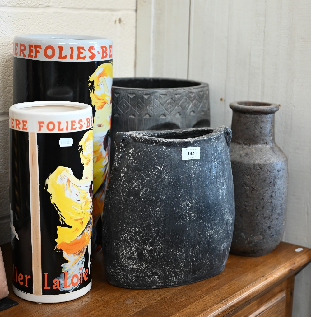 Three earthenware grey-painted vases and two cylindrical vases/stick stands, printed with 'Folies
