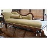 A Victorian mahogany scroll-end chaise longue, pale green button-back dralon upholstery, 180 x 60