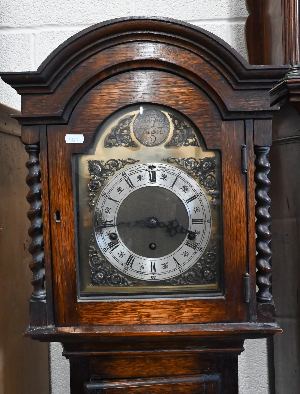 An oak shortcase clock with geometric panelled case, brass dial and triple train movement, - Image 3 of 5