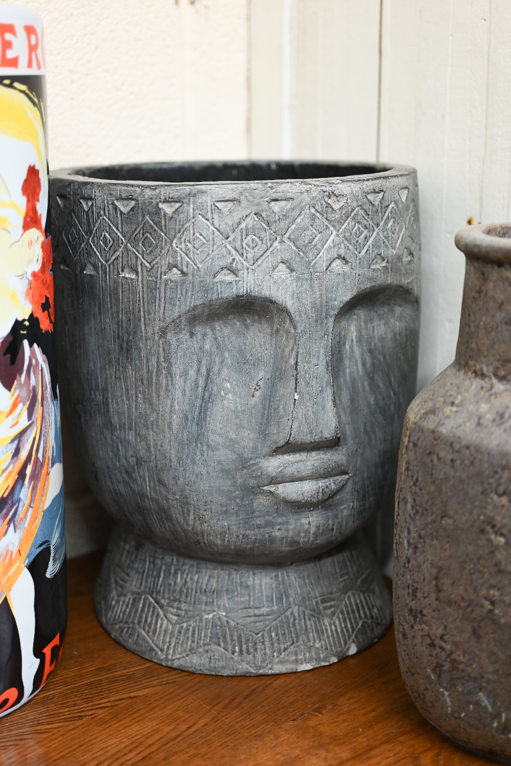 Three earthenware grey-painted vases and two cylindrical vases/stick stands, printed with 'Folies - Image 3 of 3