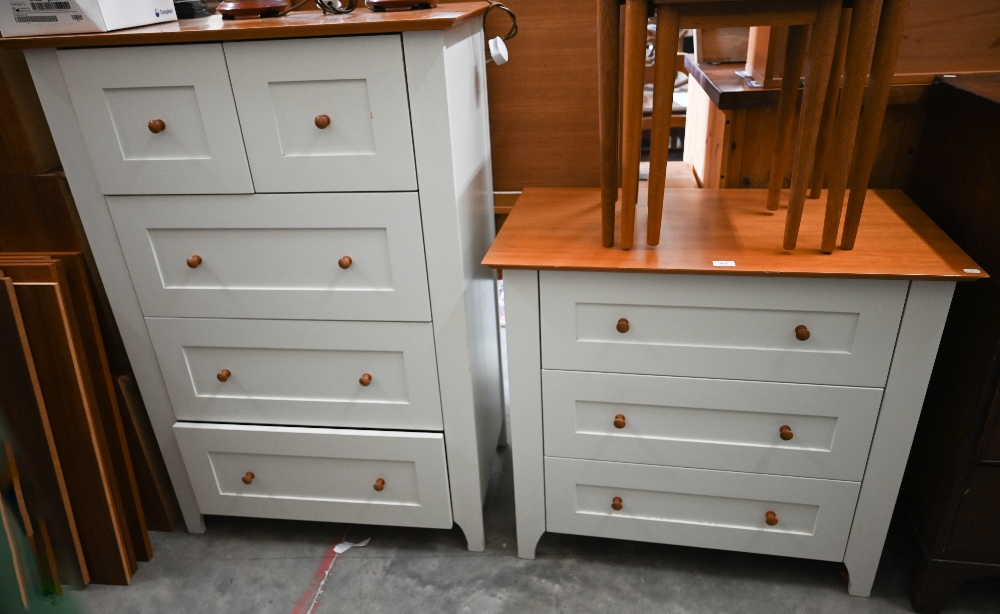 A part painted tallboy with five drawers to/w matching three drawer chest, 88 cm wide x 50 cm deep x