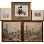 Mixed pictures to include steel engravings, two framed machine-made tapestries of Bruges and